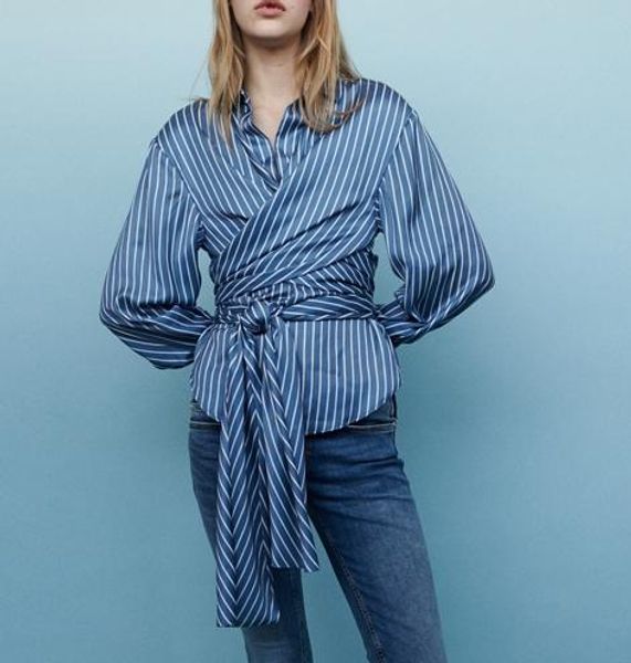 

2019 весна лето полосатый печати длинные рукава воротник отложной ленты орденской блуза женщины рубашка мода m3118, White