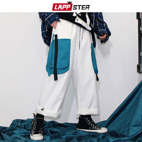 

lappster color block streetwear cargo pants men 2019 mens hip hop joggers pants couple harajuku loose trousers belt sweatpants, Black