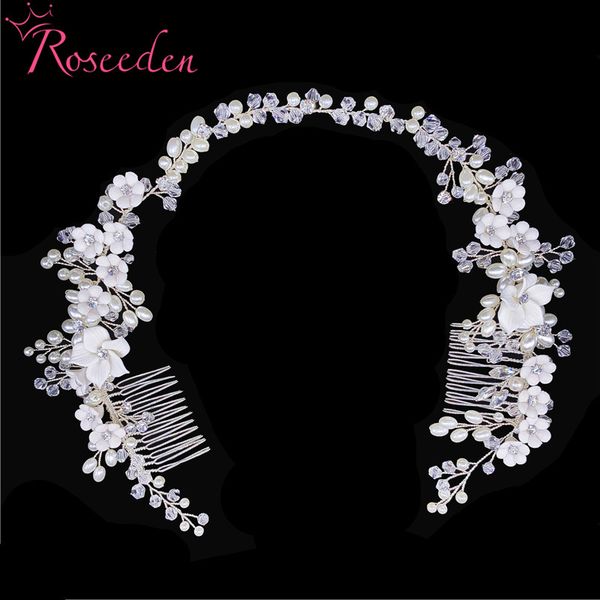

delicate silver color wedding hair jewelry porcelain flower bridal hair comb handmade women bride prom headpiece re3519, Golden;silver
