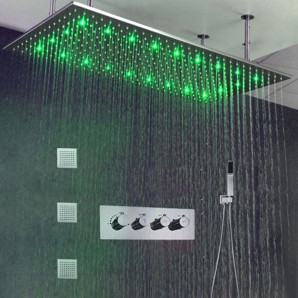 

luxury bathroom ceiling led rain shower set 50*100cm brushed big rainfall shower head 3 ways thermostatic shower mixer brass