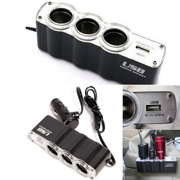 

selling 3 way triple car cigarette lighter socket splitter 12v/24v wiht usb interface car charger