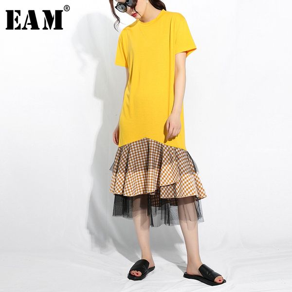 

eam] 2020 новая весна лето круглый вырез с коротким рукавом желтый подол плед сетки нерегулярные сплит совместное платье женская мода tide, Black;gray