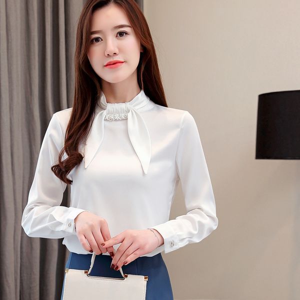 

fashion casual korea pearl women blouses shirt spring bow tie chiffon office shirts blouse slim shirts blusas femininas, White
