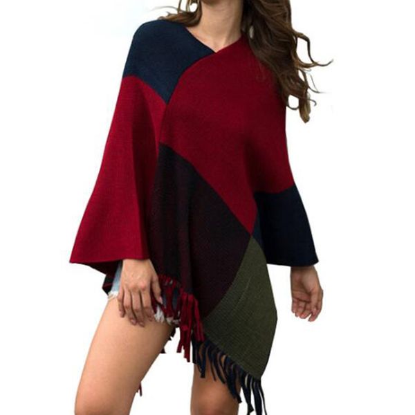 

lady v-neck spell color jacquard tassel cloak sweater women elegant batwing pullovers fringed knitted cape knitwear s242, Black