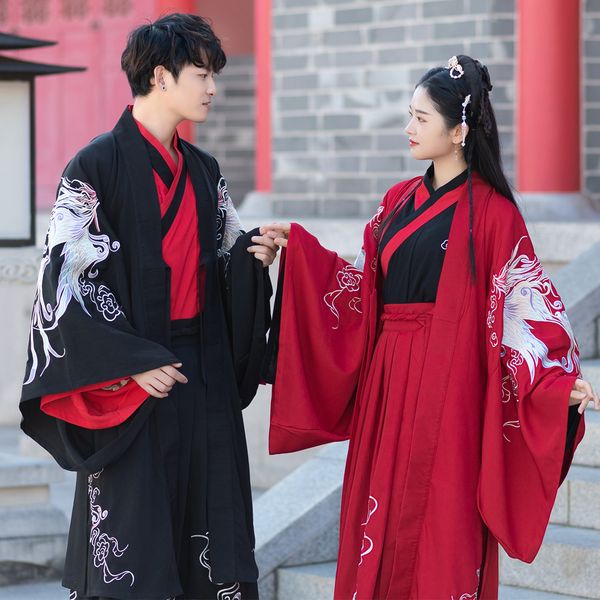 

ancient dynasty wei jin couples' hanfu clothes red black wedding dress big sleeves evening gown guangdong embroidery phoenix