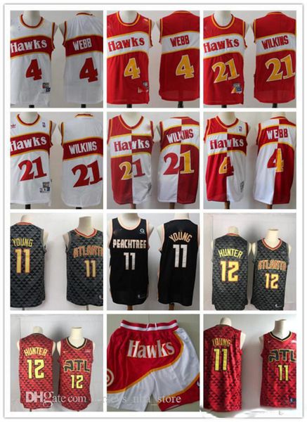 

mens atlanta hawks 4 spud webb 21 dominique wilkins 11 trae young 12 de andre hunter basketball shorts basketball jerse, Black;red