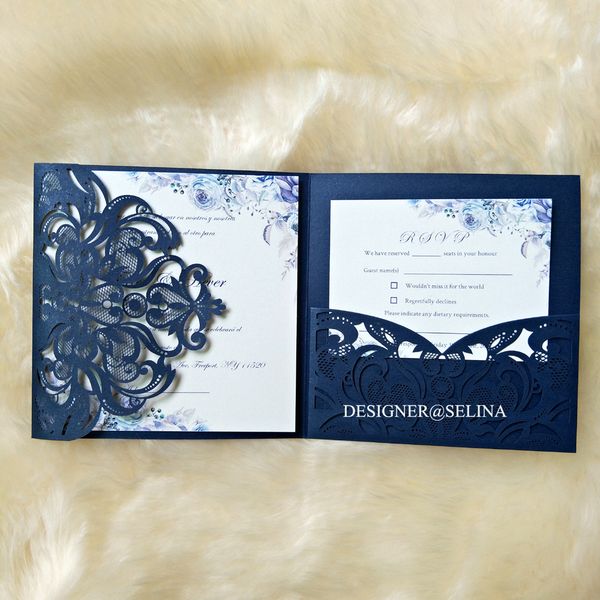 Navy Blue Floral Laser Cut Pocket Wedding Invitation 20 Color Diy