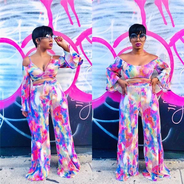 

2 piece pants slash neck flare sleeved v neck fashion womens tracksuits tie dye designer tracksuits women strapless, White