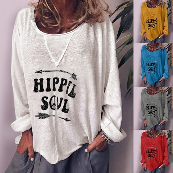 

2019 loose long sleeve printed letter round collar 2019 loose long sleeve printed letter round t-shirt collar t-shirt, White