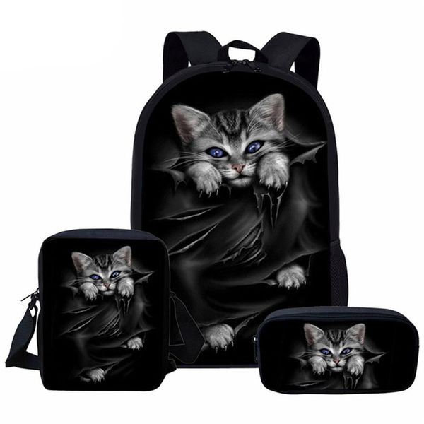 

3pcs/set school bags for girls boys cute black cat 3d print children orthopedic kids backpack student book bag mochila infantil
