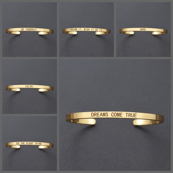 

charm bracelets dreams come true letters engraved bangle be yourself metal lettering fashion hope faith women gifts, Golden;silver