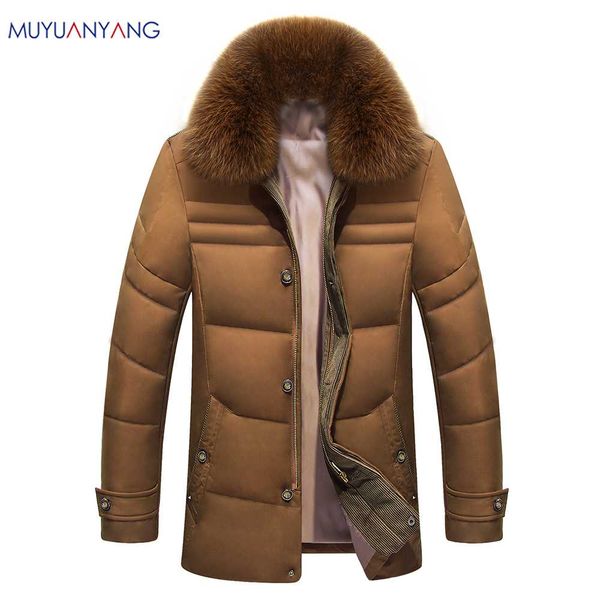 

brand men's winter jacket russia long coat fur collar thick windproof waterproof 80% white duck down jacket men, Black