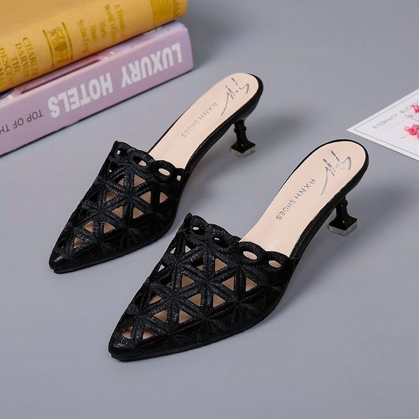 

slippers for women 2020 spring summer high heels shoes woman fashion sandals pointed flip flops dress ladies shoes slides, Black