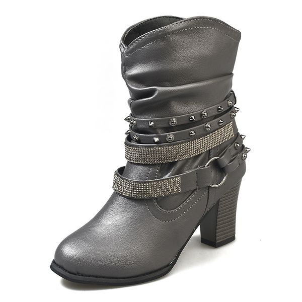 

autumn hollow ankle boots woman high heels plus size platform crystal heel shoes buckle strap rivet short botas 2020, Black