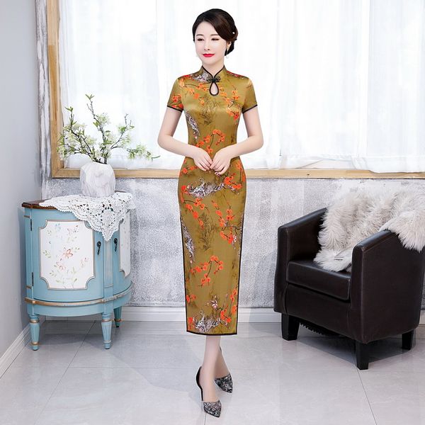

women spring new silk qipao vintage plus size 3xl evening party dress slim cheongsam print flower mandarin collar vestidos, Red