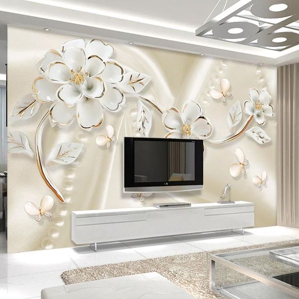 

custom mural wallpaper 3d stereoscopic embossed white flowers wall painting living room sofa tv background non-woven wallpaper