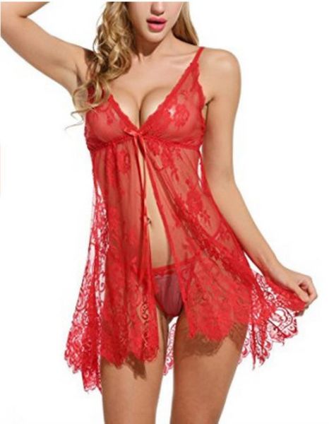 

pyjamas underwear new eyelash front fork lace perspective pajama 1162 red white, Black;white