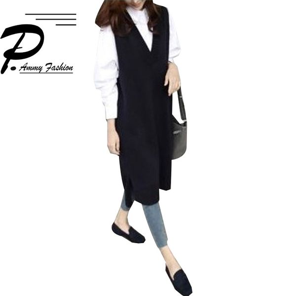 

loose korean sweater women fashion 2018 new v-neck knit vest long sleeveless hood long thick oversized sweater vest, Black;white