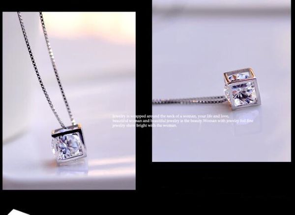 

fashion-magic cube pendant necklace box chain square shape zircon crystal pendant with 16 18 20 inch chain women fashion jewelry gift, Silver