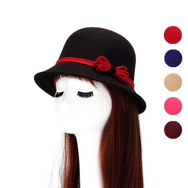 

women dome fedora wool hat mom hats for autumn and winter solid bow warm floppy hat vintage retro bowler fedoras caps, Blue;gray