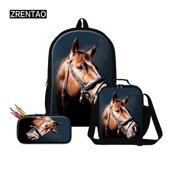 

zrentao animals horse printing back packs college middle primary school children school bag 3pcs/sets teenage boys book bagpacks