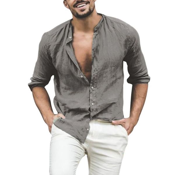 

men shirt casual stand collar buttons shirt long sleeve loose blouse solid color summer breathable clothing male fashion, White;black