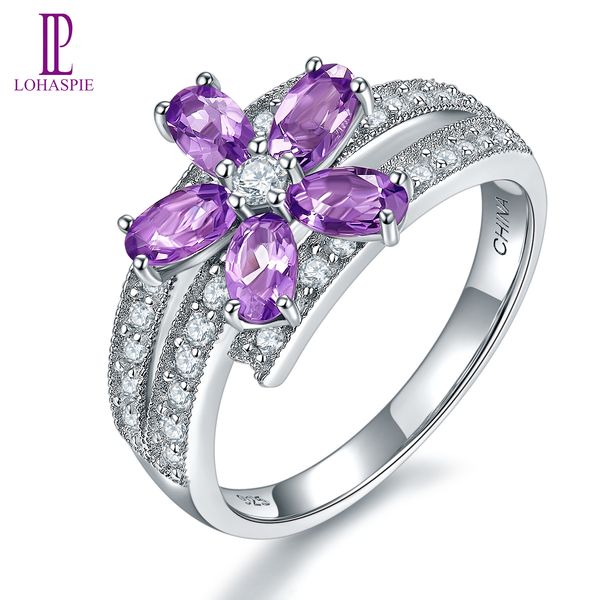 

engagement ring for women lady real natural gemstone african amethyst solid 925 sterling silver flower fine fashion wedding bride jewelry, Slivery;golden