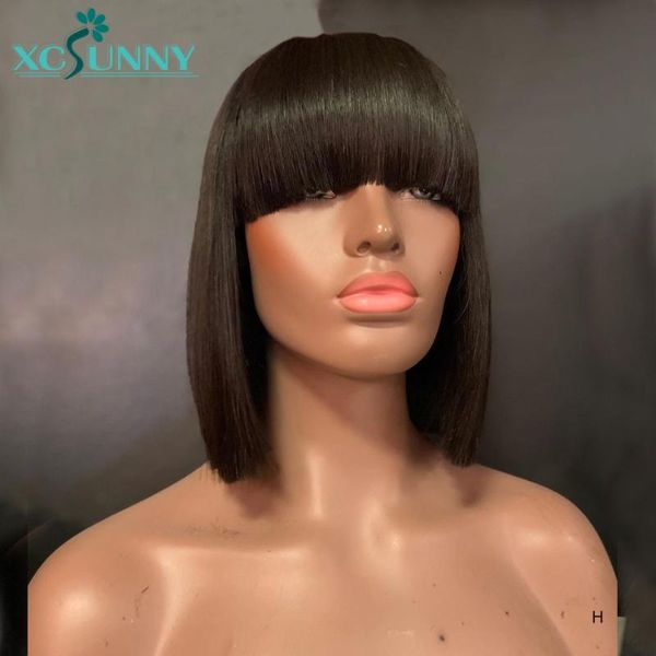

short bob fake scalp lace front human hair wig with full bangs 13x6 straight brazilian remy hair bleached knots xcsunny, Black;brown