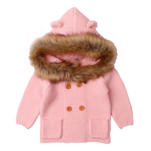 

newborn baby winter warm sweater fur hood detachable infant boys girls cardigan santa sweater cardigan knitting outwear 6m-24m, White