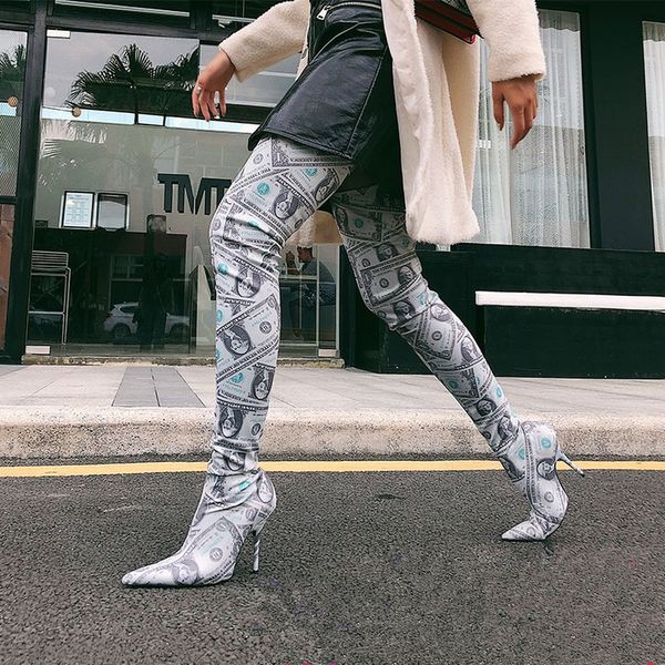 

stretch sock boots woman pointed toe strange high heel shoes over the knee boots femme dollar long woman, Black
