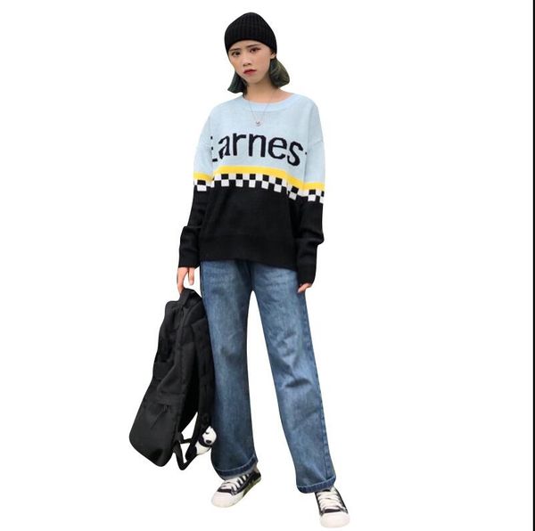 

new women's contrast color stitching letter printed loose round neck long sleeve sweater, White;black