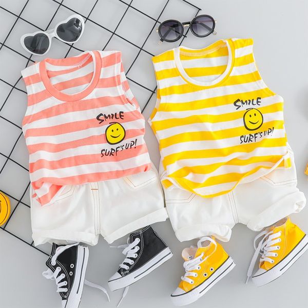 

2pcs/set summer baby boys girls sleeveless stripe cartoon print blouse t-shirt+shorts casual outfits sets, White