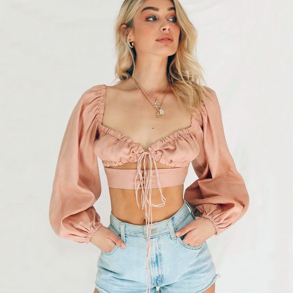 

women lace up cropped blouse with lantern sleeves, White