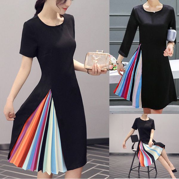 

новое летнее платье повседневный женщин отдыха с коротким рукавом красочный плиссе карандаш sundress ladies summer beach casual платье парти, Black;gray