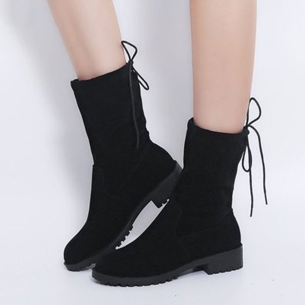 

autumn flock mid women boots lace up casual low heel 3.5cm shoes women retro female footwear slip-on round toe shoes size 35-43, Black