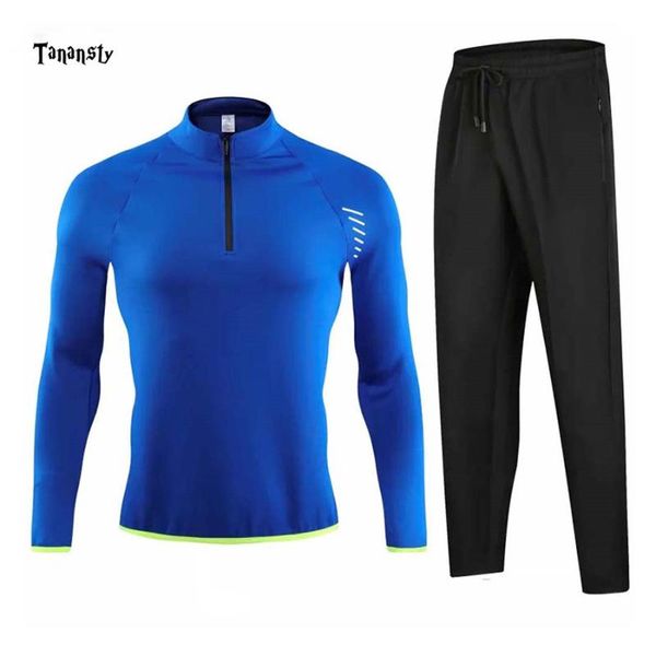 

training tracksuit long-sleeved tight football set autumn and winter stand-up collar sports running custom jogging suit exercise, Black;blue