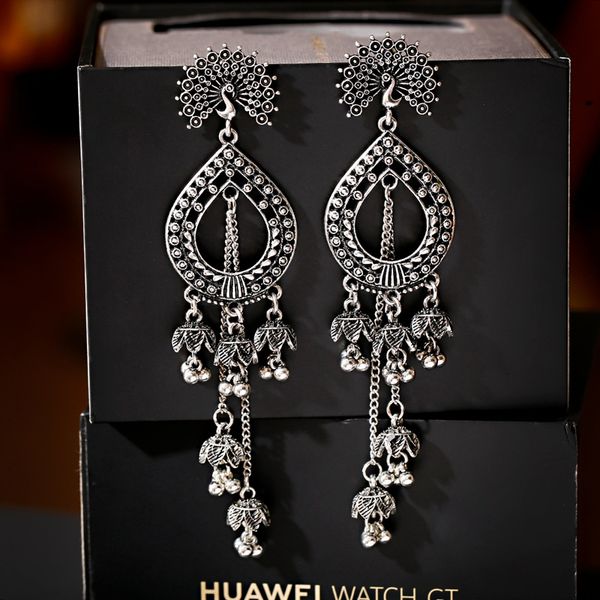 

women's long tassel earrings vintage ethnic silver metal peacock carved water drop dangle earrings wedding party jewelry