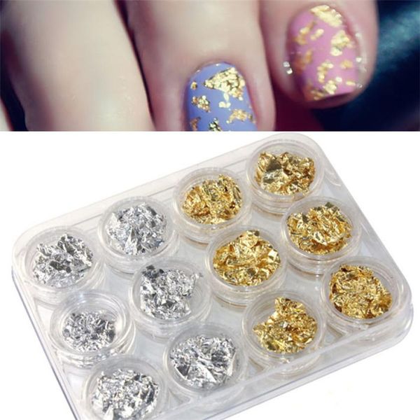 

12 pcs nail art gold silver paillette flake chip foil diy acrylic uv gel pager decorations esmalte para unha luminous accessoire, Silver;gold