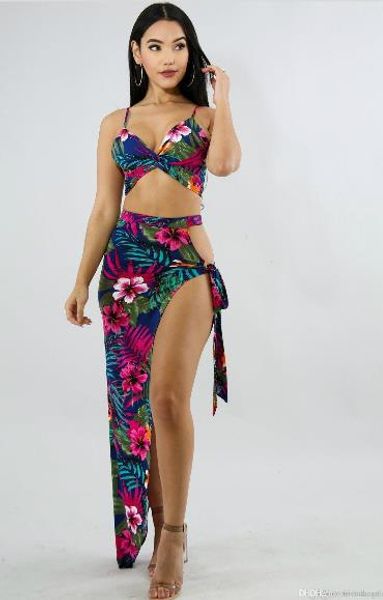 

women designer beach floral printed dresses fashion holiday bras split up 2pcs dress club style sets women clothing, Black;gray