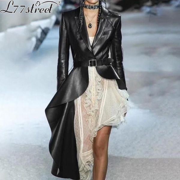 

women's leather & faux l77street dark black british suit collar irregularly slanted pu lambskin long windbreaker coats for ladies