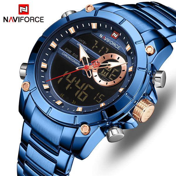 

naviforce watch brand fashion blue men dual display watches mens stainless steel luxury business waterproof wrist watches, Slivery;brown