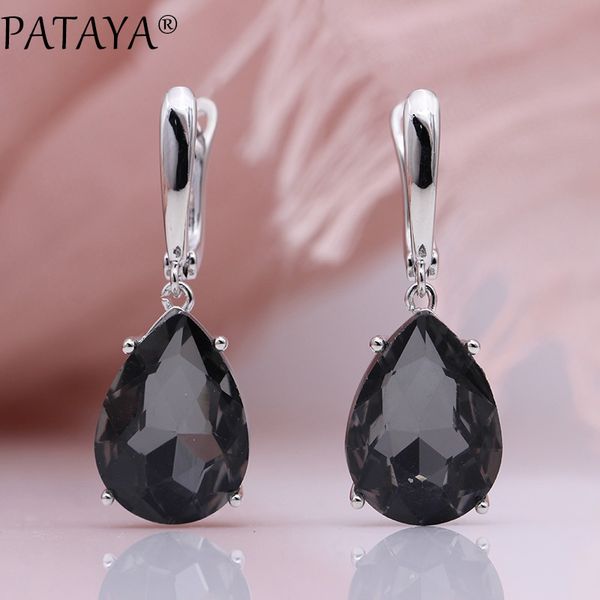 

pataya new big water drop dangle earrings women wedding luxury fashion jewelry white gold smoke gray natural zircon long earring, Silver