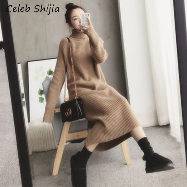

shijia autumn thicken long sweater dress woman turtleneck super chic long-sleeve warm knit dress ladies 2019 winter clothing, Black;gray