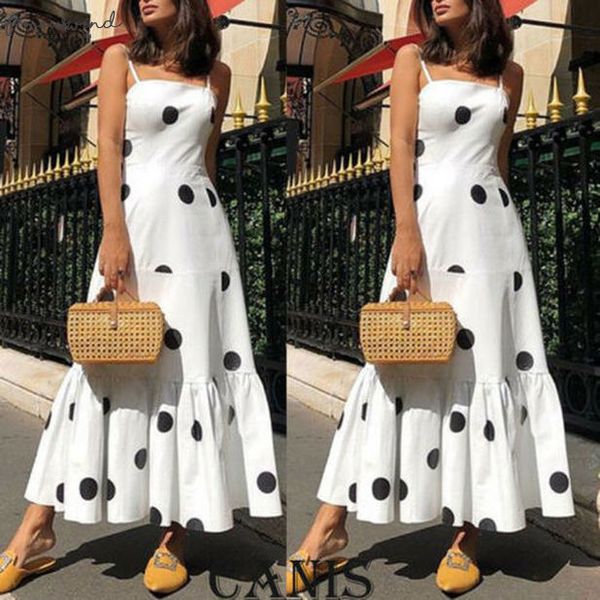 

2020 new sleeveless summer fashion latest womens boho dot high waist summer party evening beach sleeveless long dress maxi sundress, Black;gray