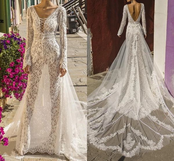 2020 Abito da sposa Berta a maniche lunghe con scollo a V sexy Illusione Unico scollo a V profondo Grande apertura sul retro Abiti da sposa bohémien Abiti da sposa