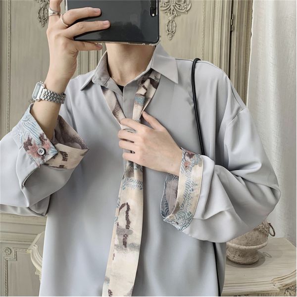 

men's shirts 2019 autumn and winter new solid color loose wild long-sleeved shirt youth personality fashion trend men's clothing, White;black