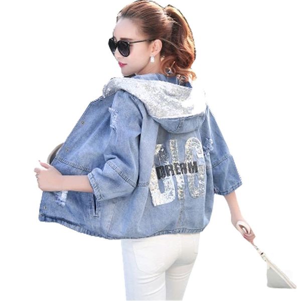 

winter autumn oversized jeans jacket women 2018 oversized sequin hooded jean jacket coat female ripped boyfriend denim jackets, Black;brown