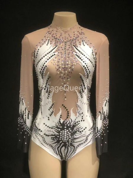 

women stage long sleeve net yarn bodysuit colorful sparkling crystals 3d printed nightclub party dancer singer stage wear, Black;red