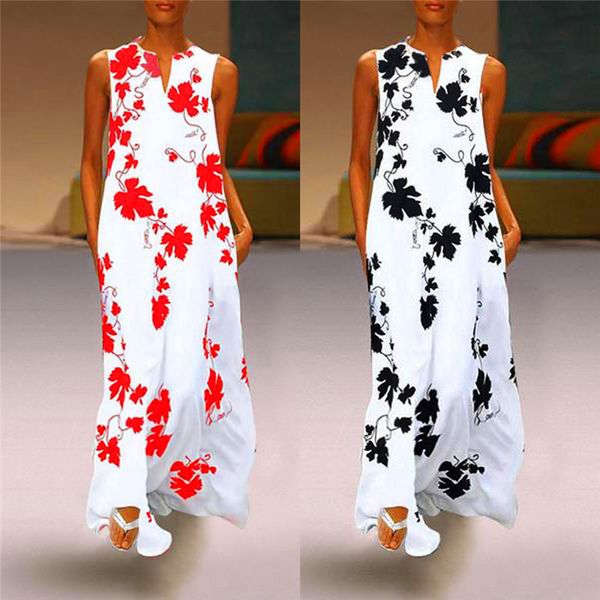 

women sleeveless v neck printed long elegant party dress bohemian casual beach sundress plus size xs-5xl, Black;gray