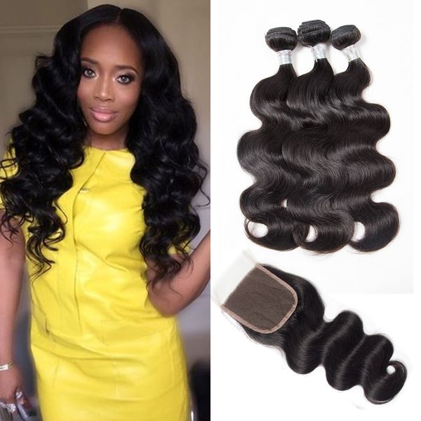 

grade 10a brazilian virgin hair body wave bundles with closure 3/4 bundles with closure human hair weave brazilian body wave with closure, Black;brown